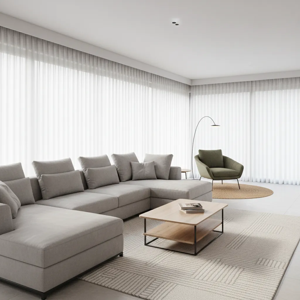 rectangular living room divided into two functional zones with seating and reading area