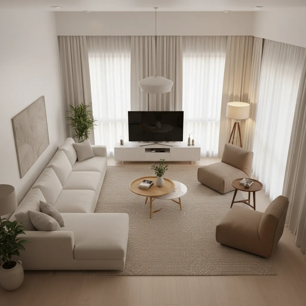 Rectangular living room divided into two seating zones with sofa and chairs