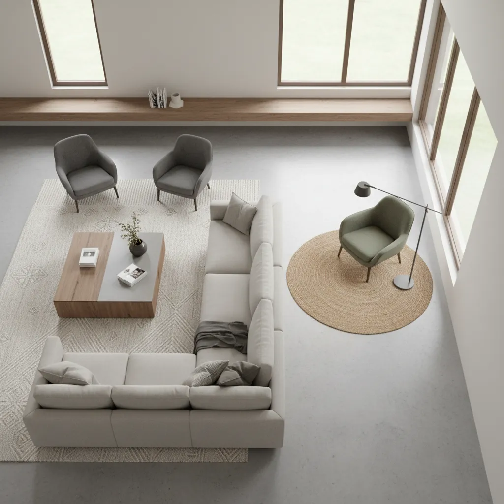 Long living room divided into two functional seating zones