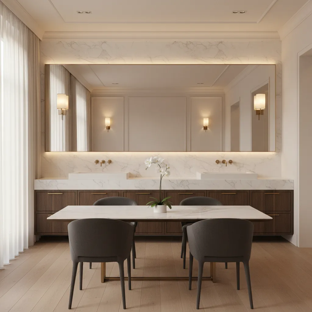 Rectangular mirror above dining room wash basin with cabinet alignment