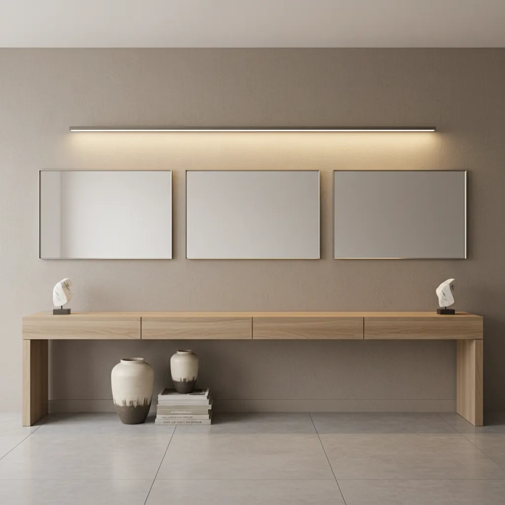 horizontal rectangular mirror arrangement above console table