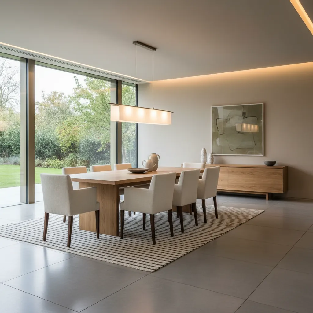 Mesa de comedor rectangular moderna con sillas tapizadas