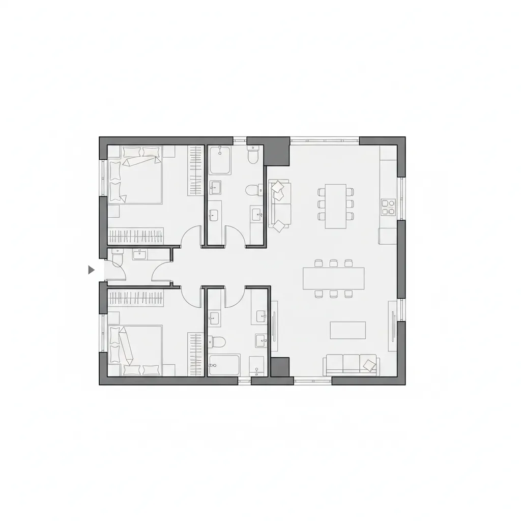 Plano de casa moderna rectangular con distribución eficiente