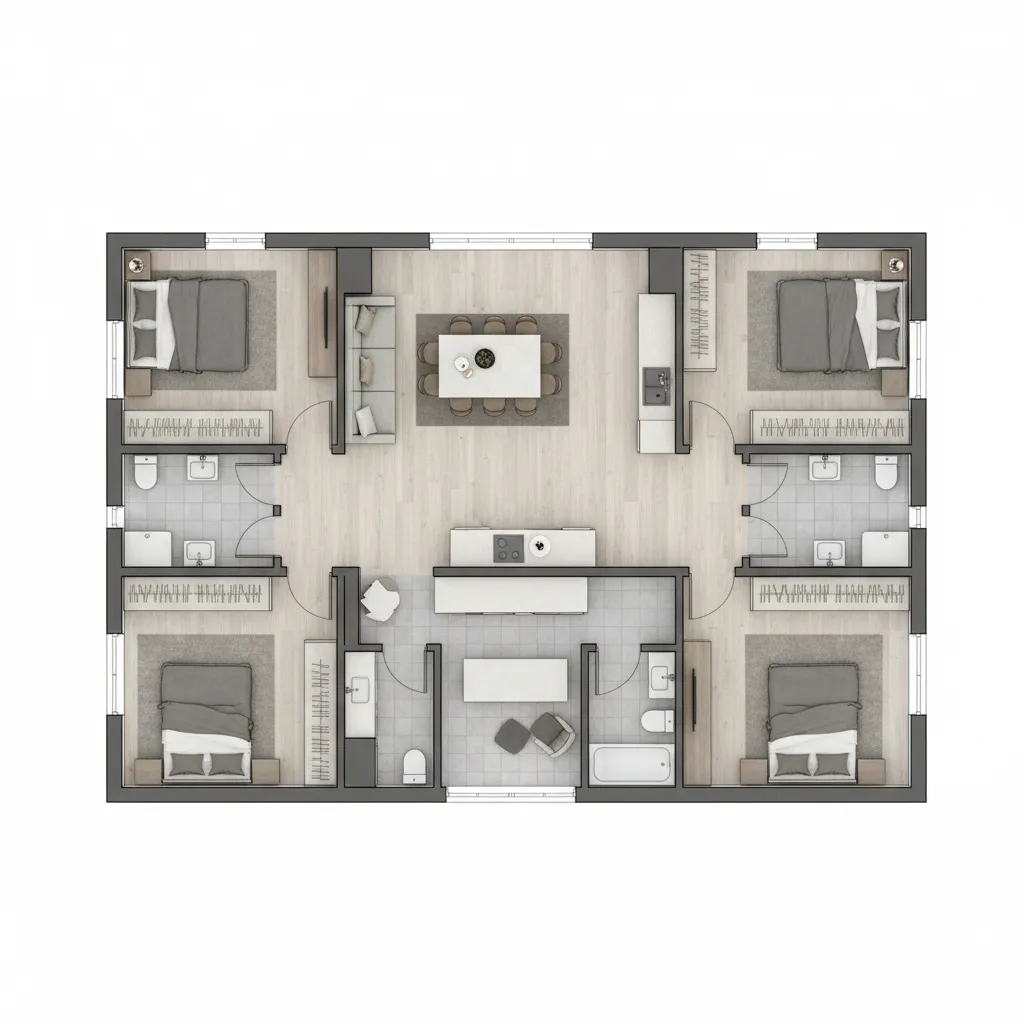 rectangular modular home layout demonstrating efficient geometric space planning