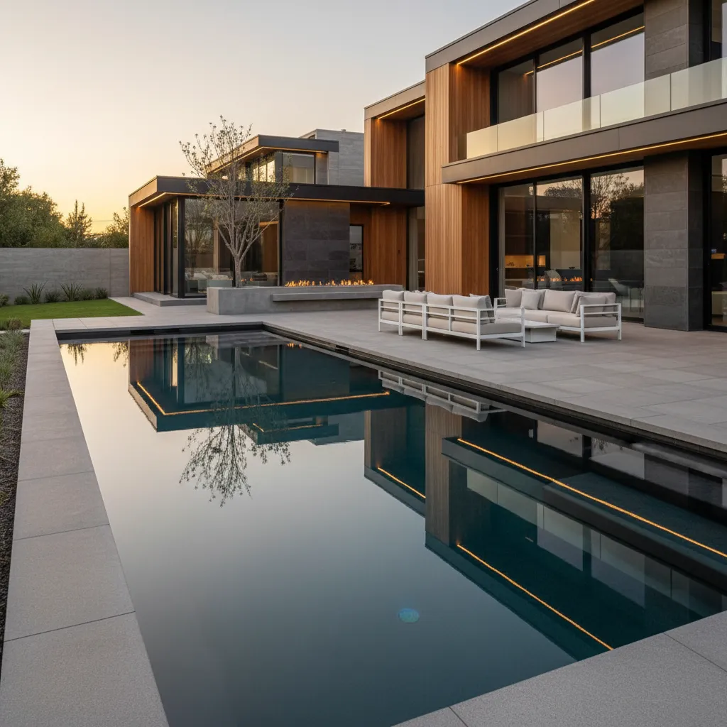 Diseño de alberca rectangular moderna junto a una terraza