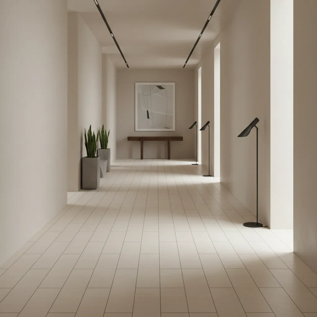 hallway with rectangular porcelain tiles installed lengthwise