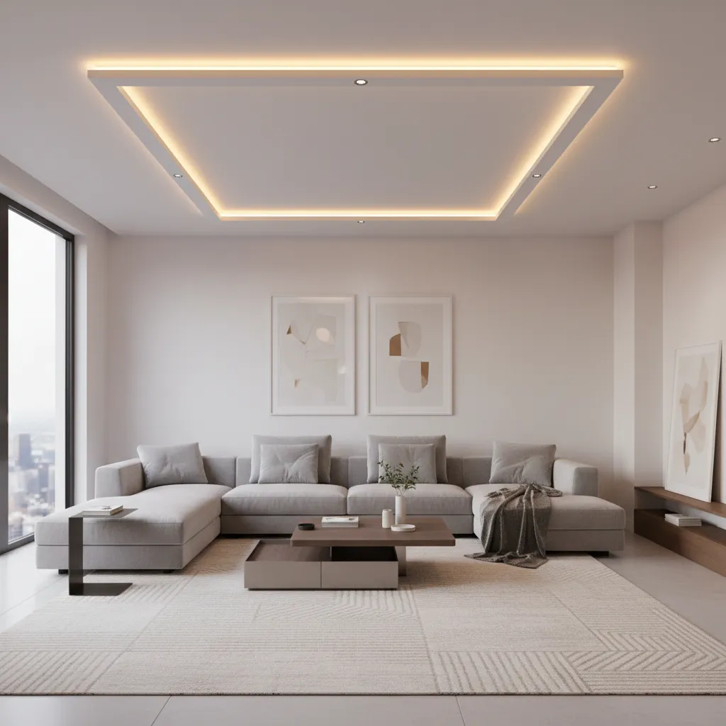 rectangular profile light ceiling above living room seating area
