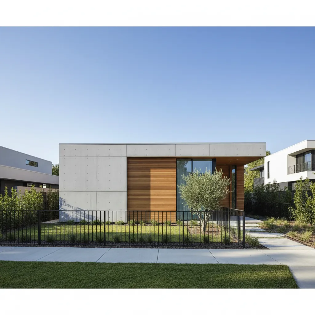 Modern single story house exterior with concrete walls wood panels green lawn and black fence