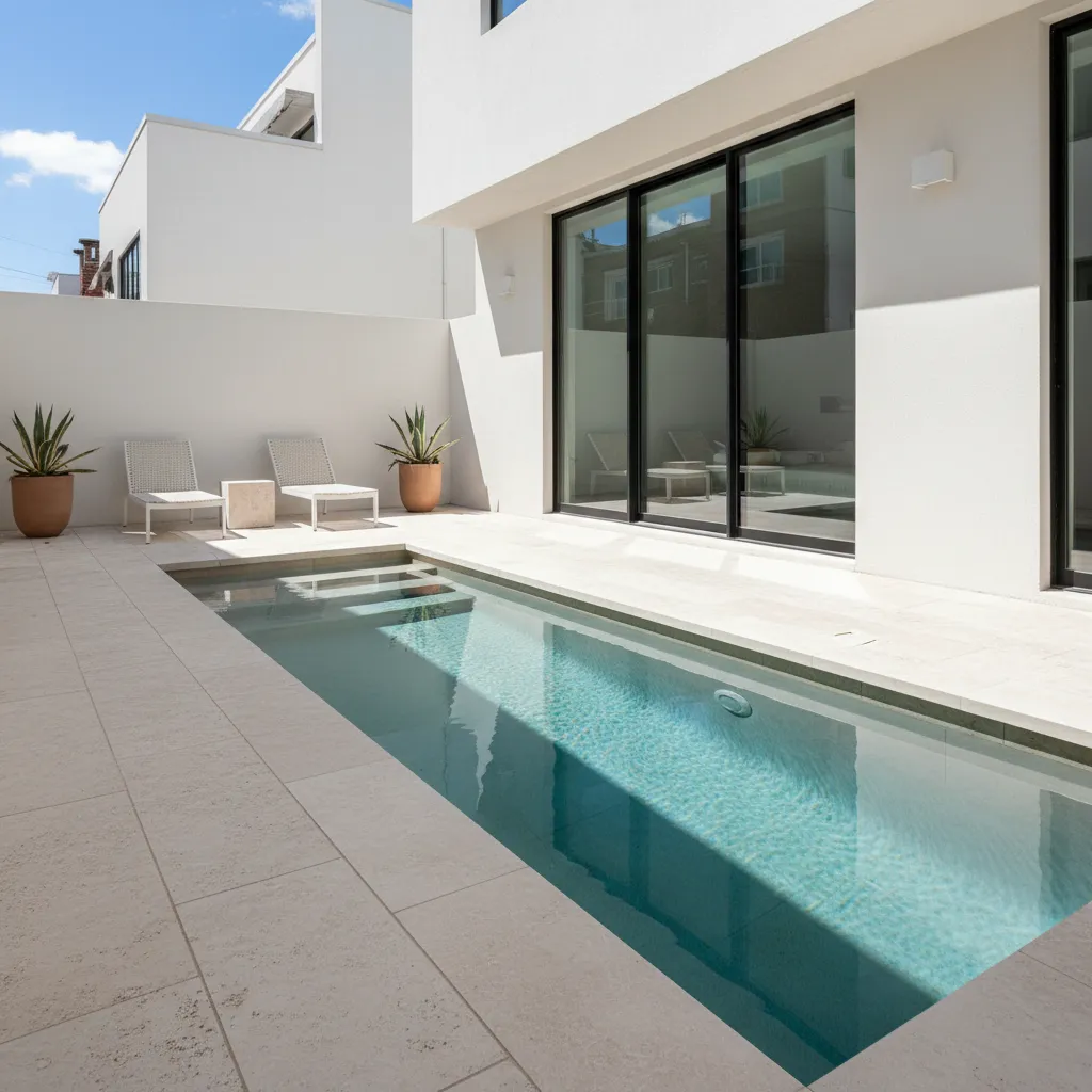 Piscina rectangular pequeña en un patio urbano compacto