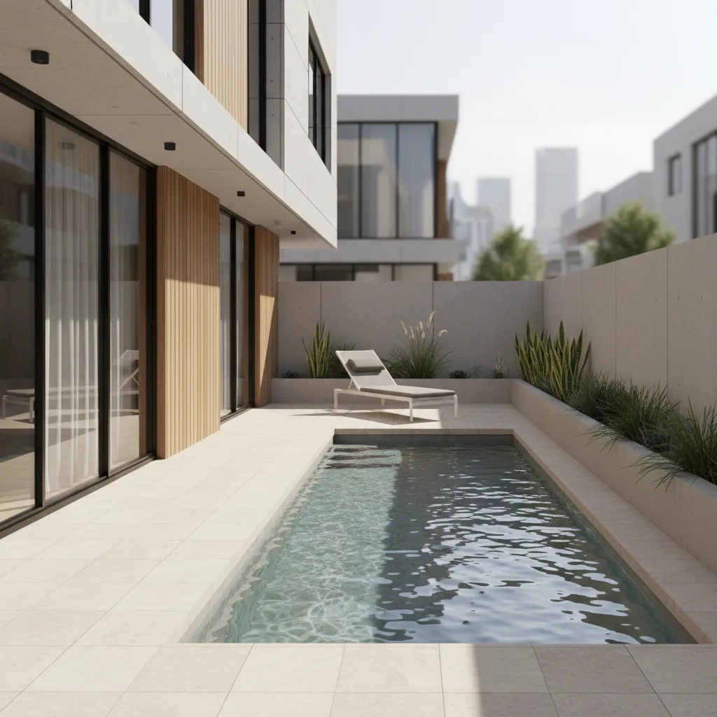 Piscina rectangular estrecha en patio urbano pequeño