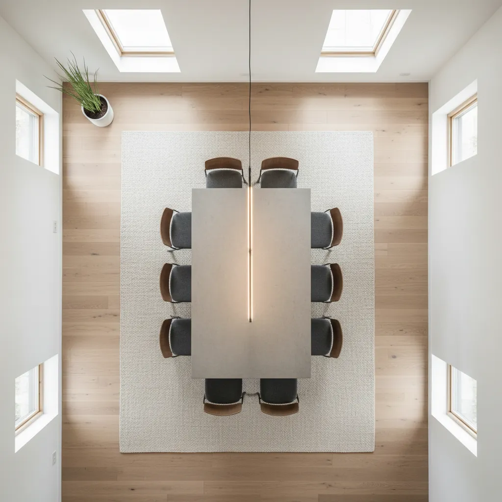 diagram style layout showing rug clearance around rectangular dining table