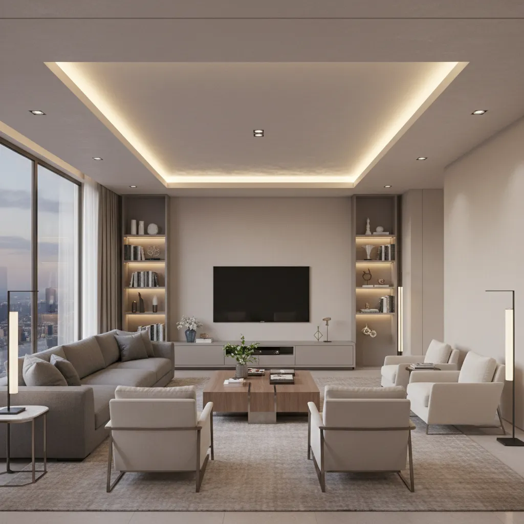 Tray ceiling centered over seating area in a rectangular hall