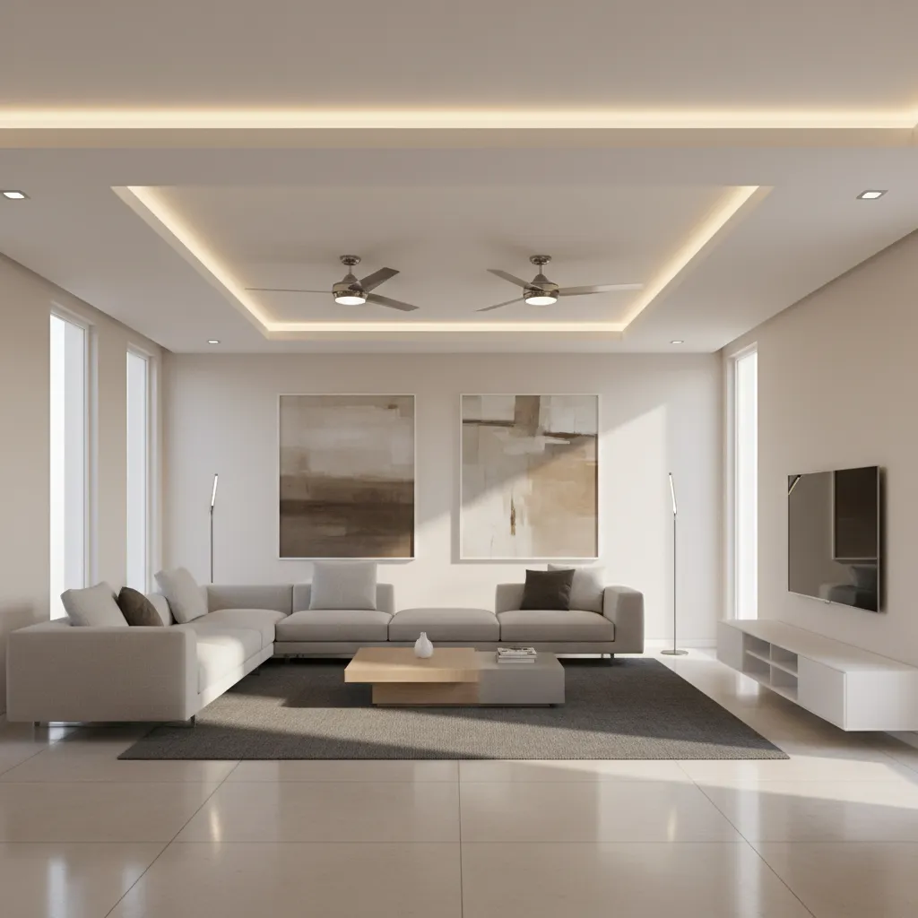 Rectangular tray ceiling design with two ceiling fans and LED strip lighting