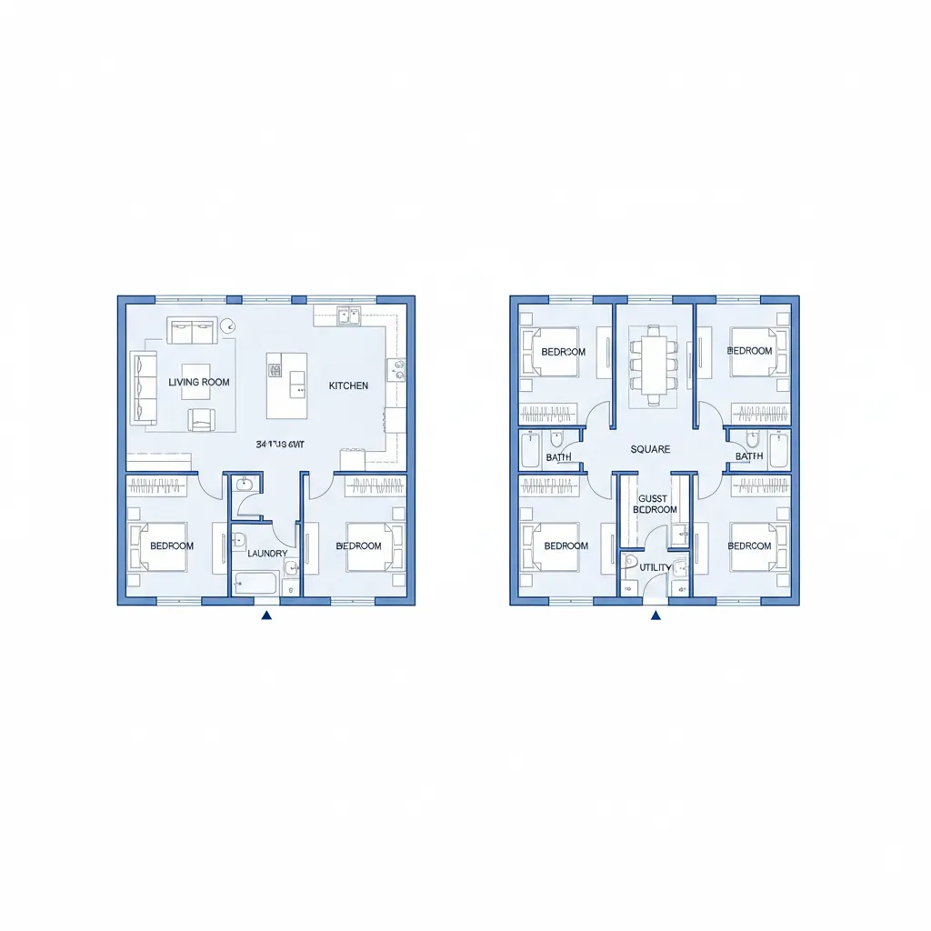 Architectural comparison of rectangular and square floor plans around 2400 sq ft