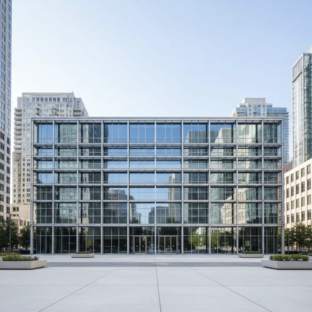rectilinear modernist building with grid facade and long horizontal windows