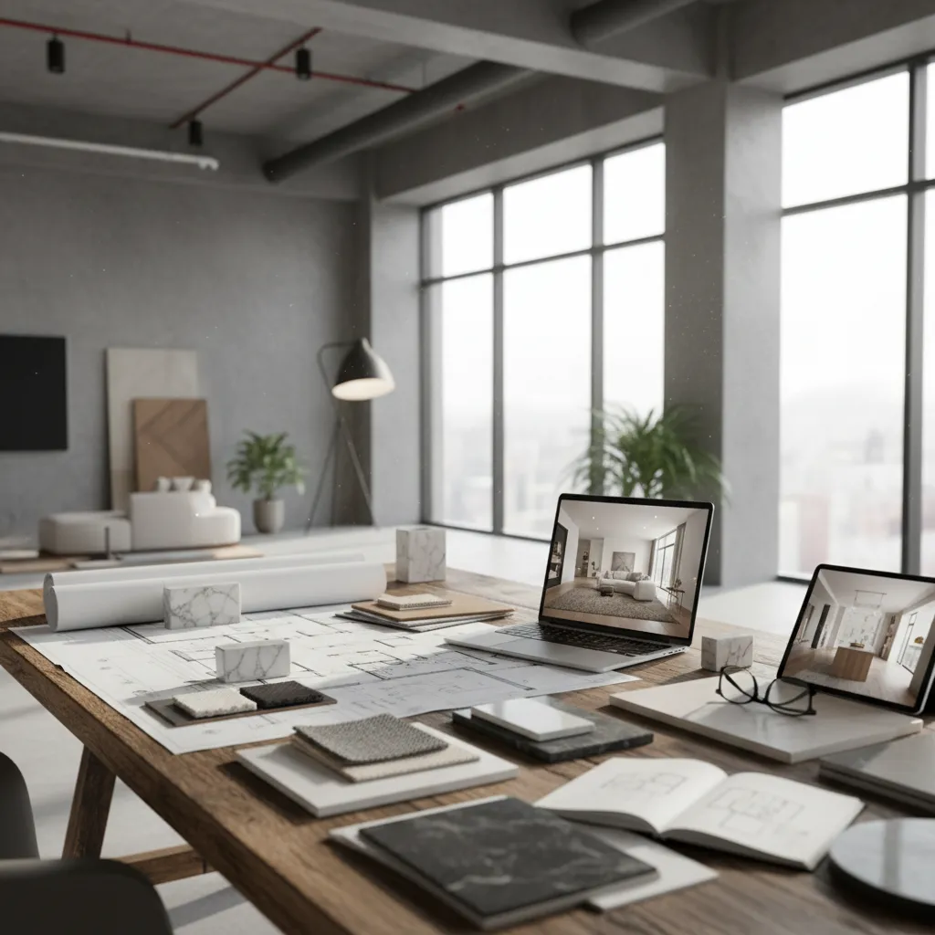 Wooden desk with floor plans material samples laptop and tablet showing modern interior design drawings