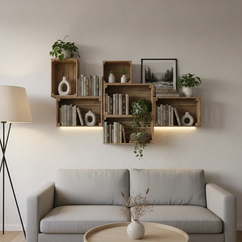 Estantería hecha con cajas de madera recicladas