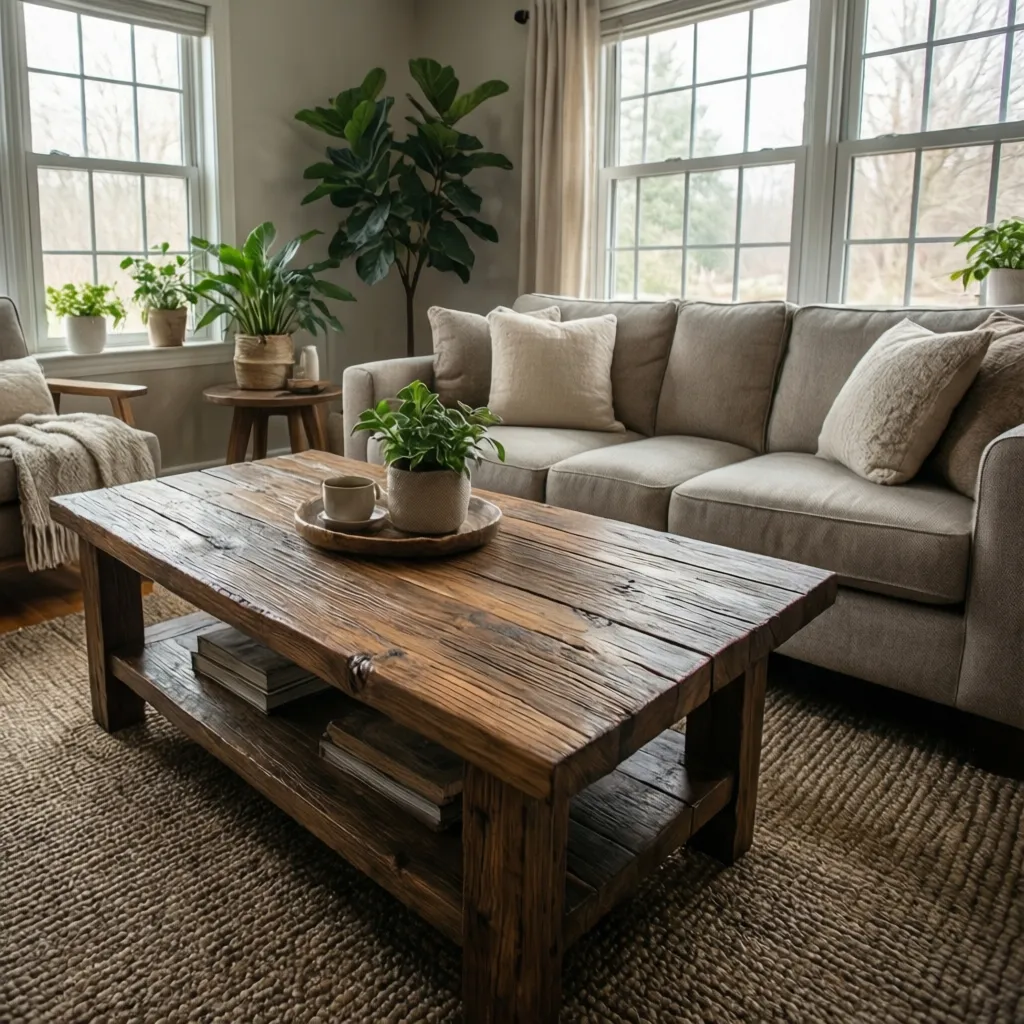 Salón con mesa de centro hecha con madera recuperada