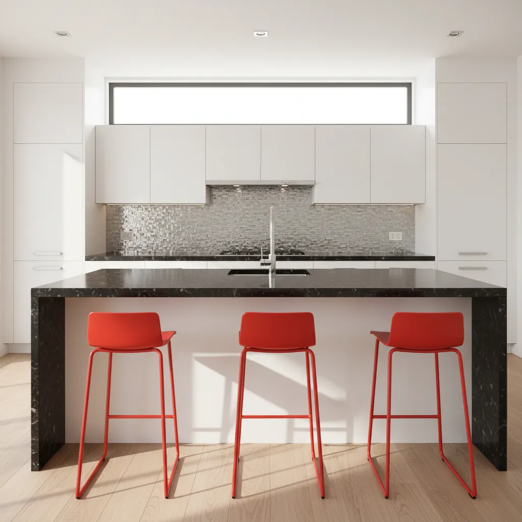 kitchen island with red bar stools in black and white modern kitchen