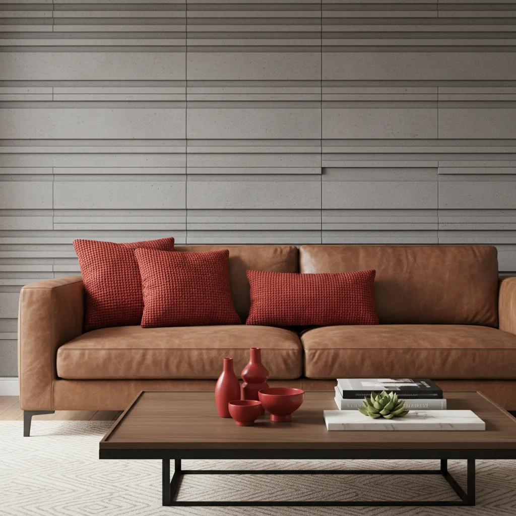 Close view of red accent pillows and decor in grey and brown living room