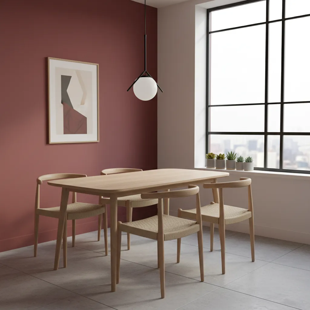 Small apartment dining nook with deep red accent wall and light wood table