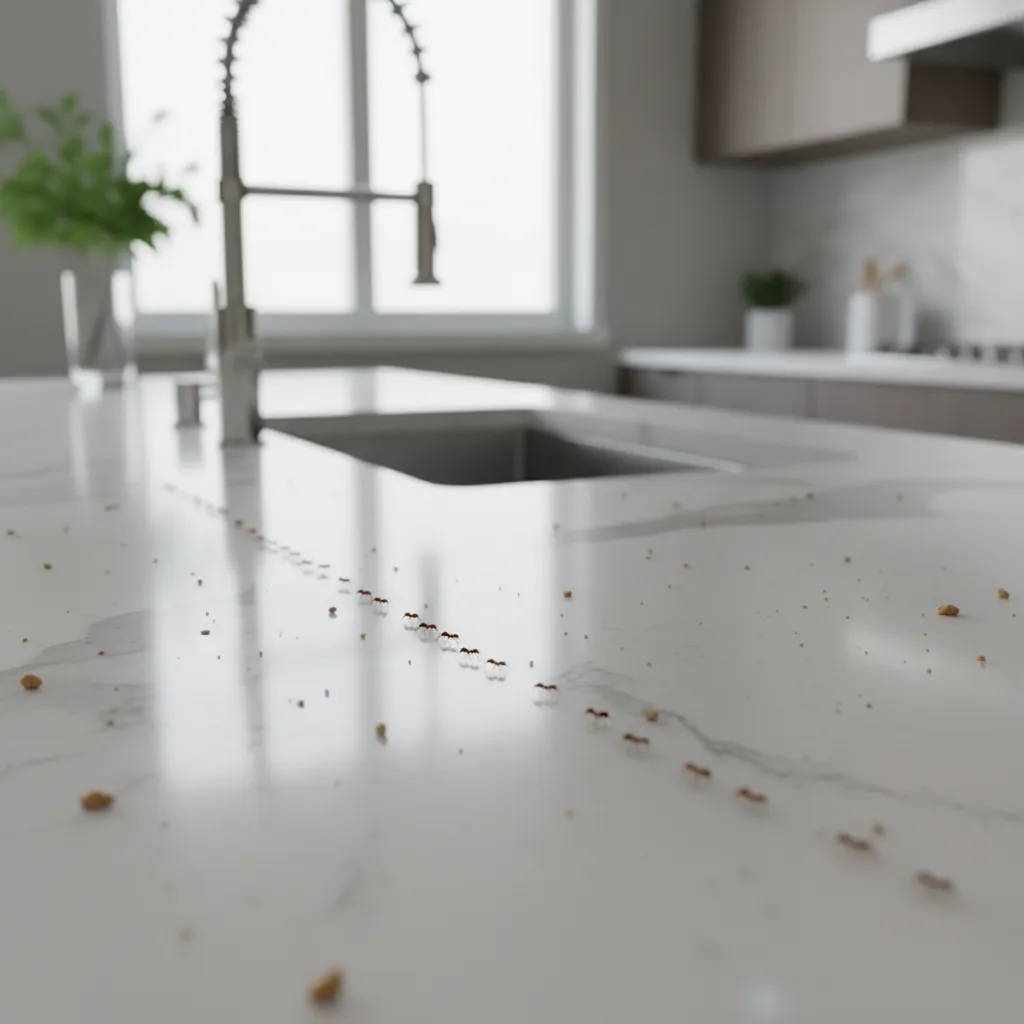 red ant trail on modern kitchen countertop near crumbs