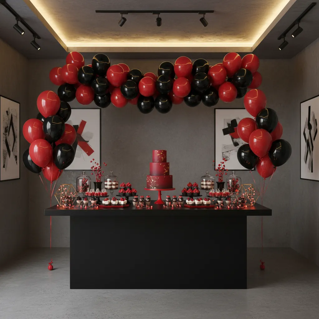 Birthday party decoration with black balloons red balloons and dessert table