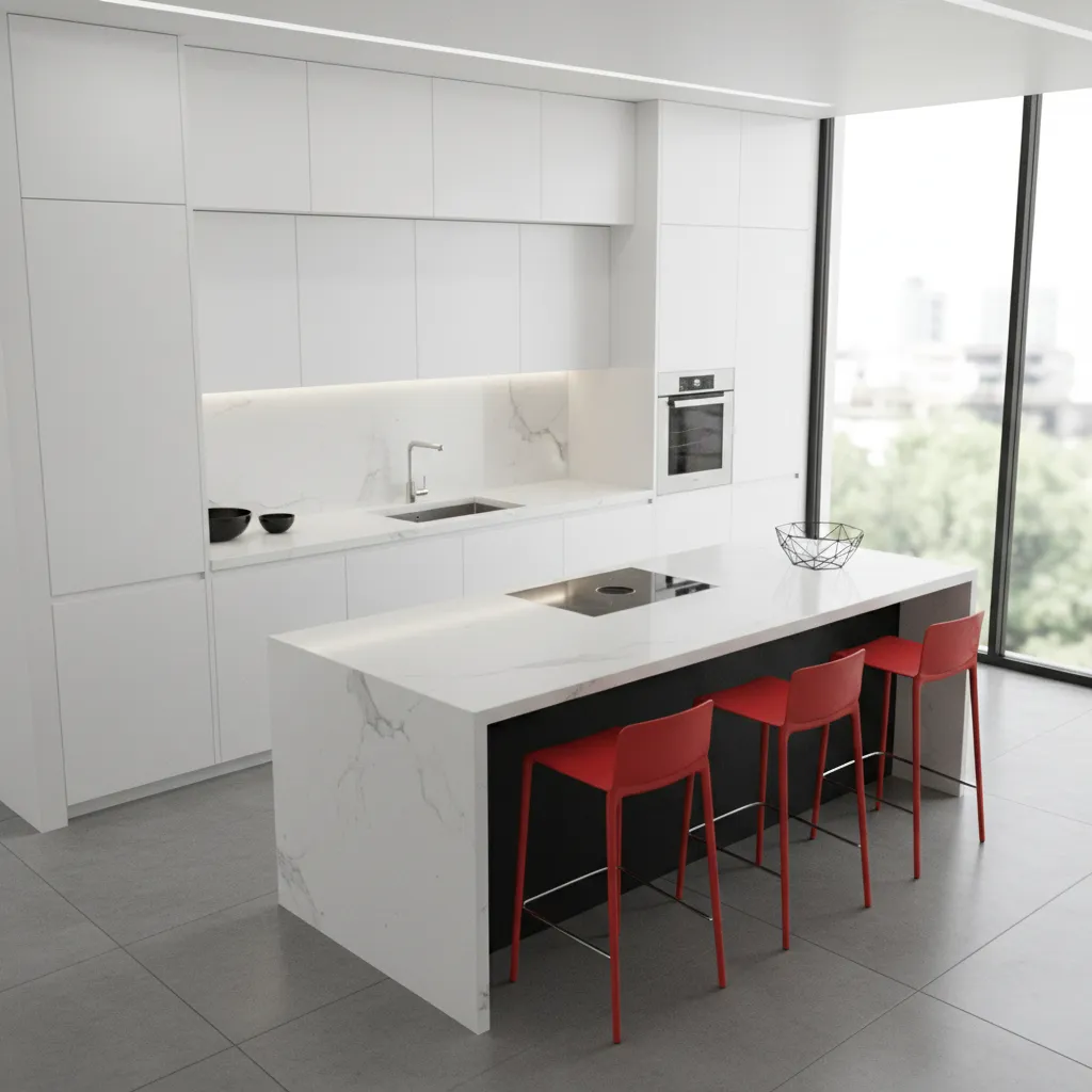 kitchen layout showing white cabinets black island and red accent seating