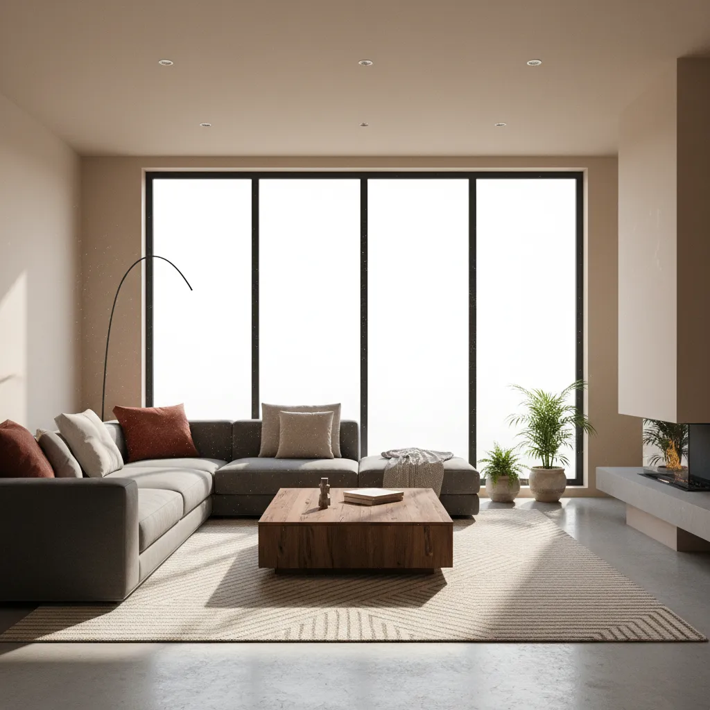 Example living room using grey sofa brown furniture and red accents