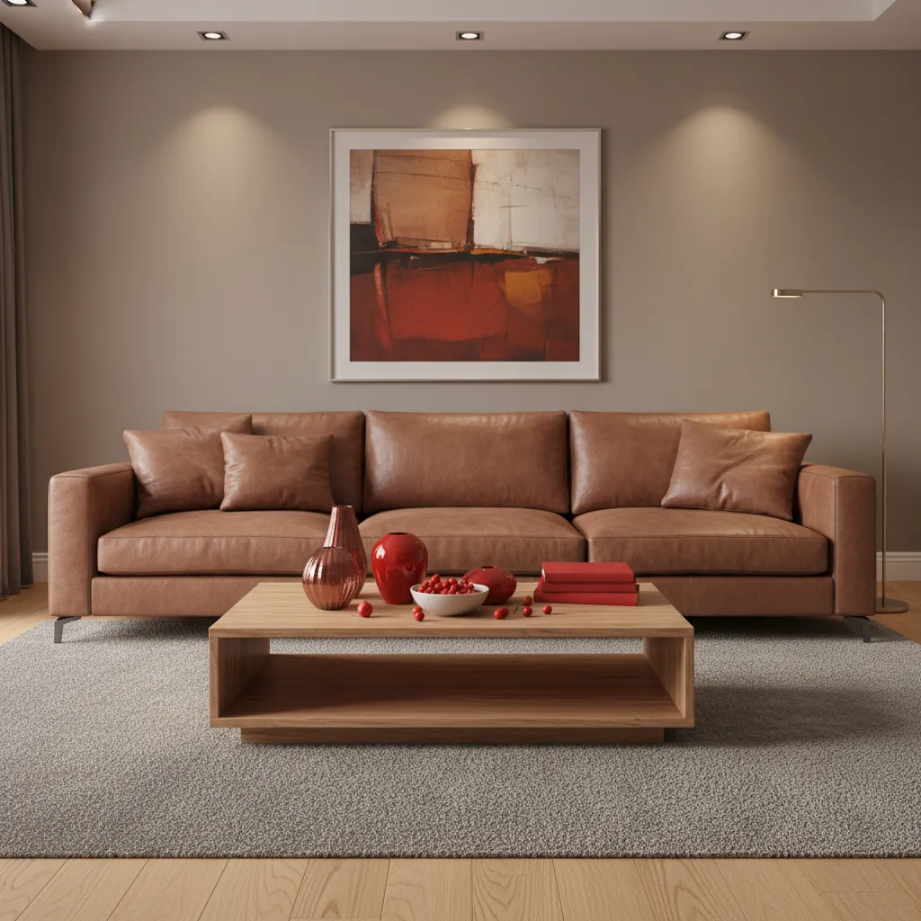 Living room materials combination leather sofa wood table grey rug red decor