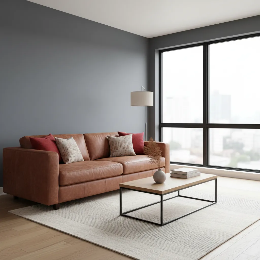 Modern living room with grey walls brown sofa and red accent pillows