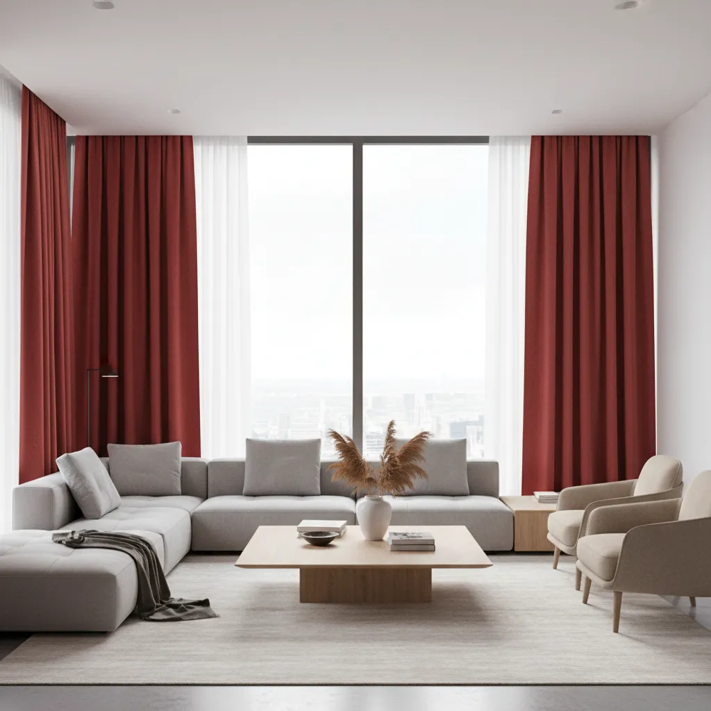 Interior layout showing floor to ceiling red curtain placement around large windows