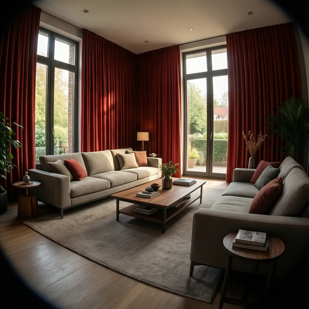 modern living room with bold red curtains framing large windows