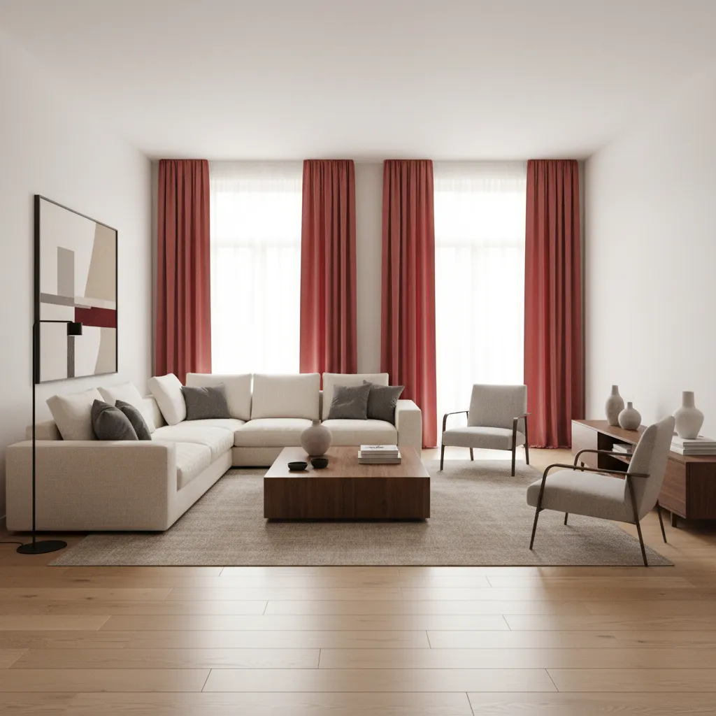 Modern living hall featuring red curtains and neutral decor