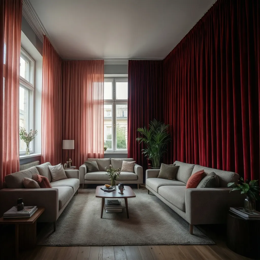Comparison of red curtain styles in small and large hall spaces