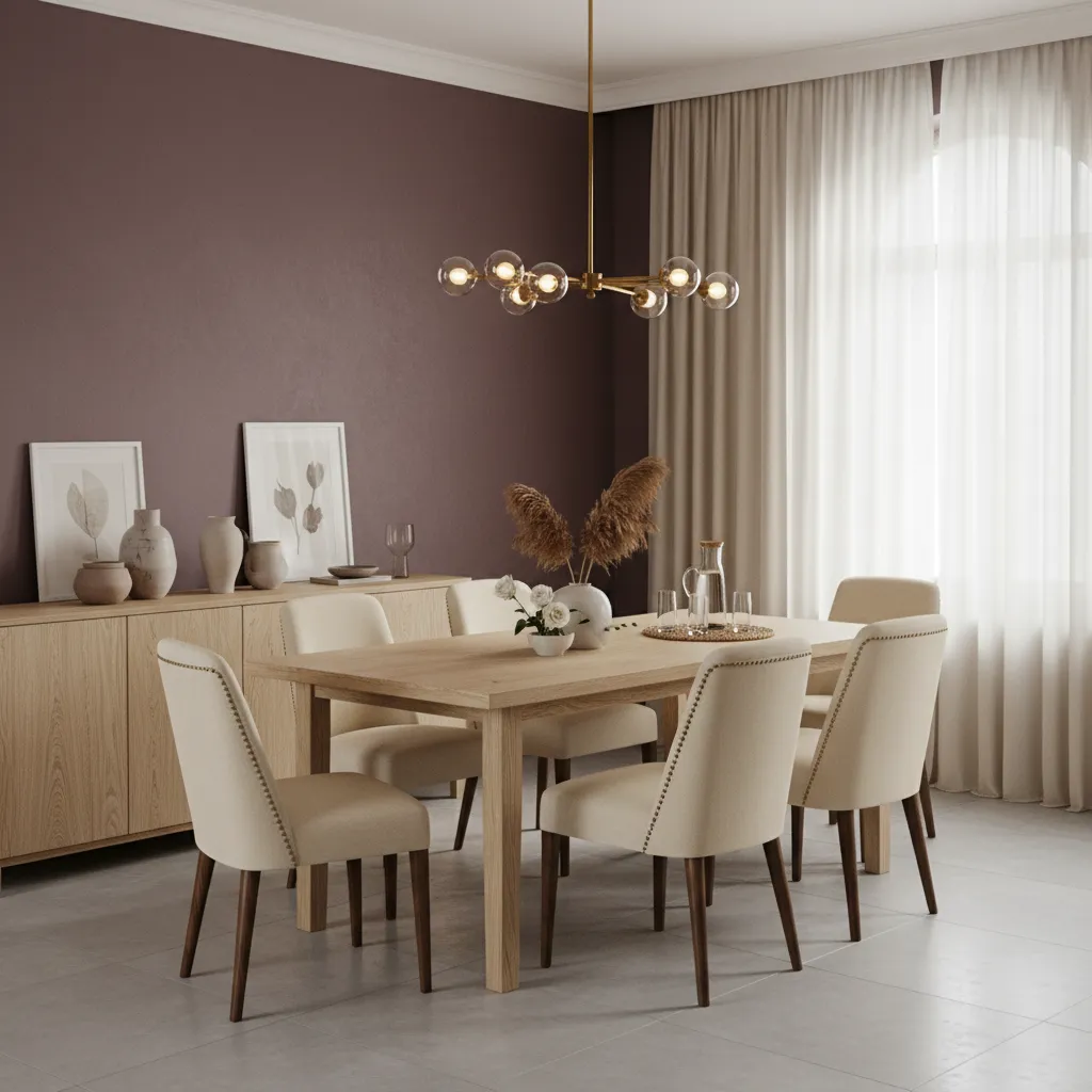 Dining room with dark red walls and contrasting light wood furniture