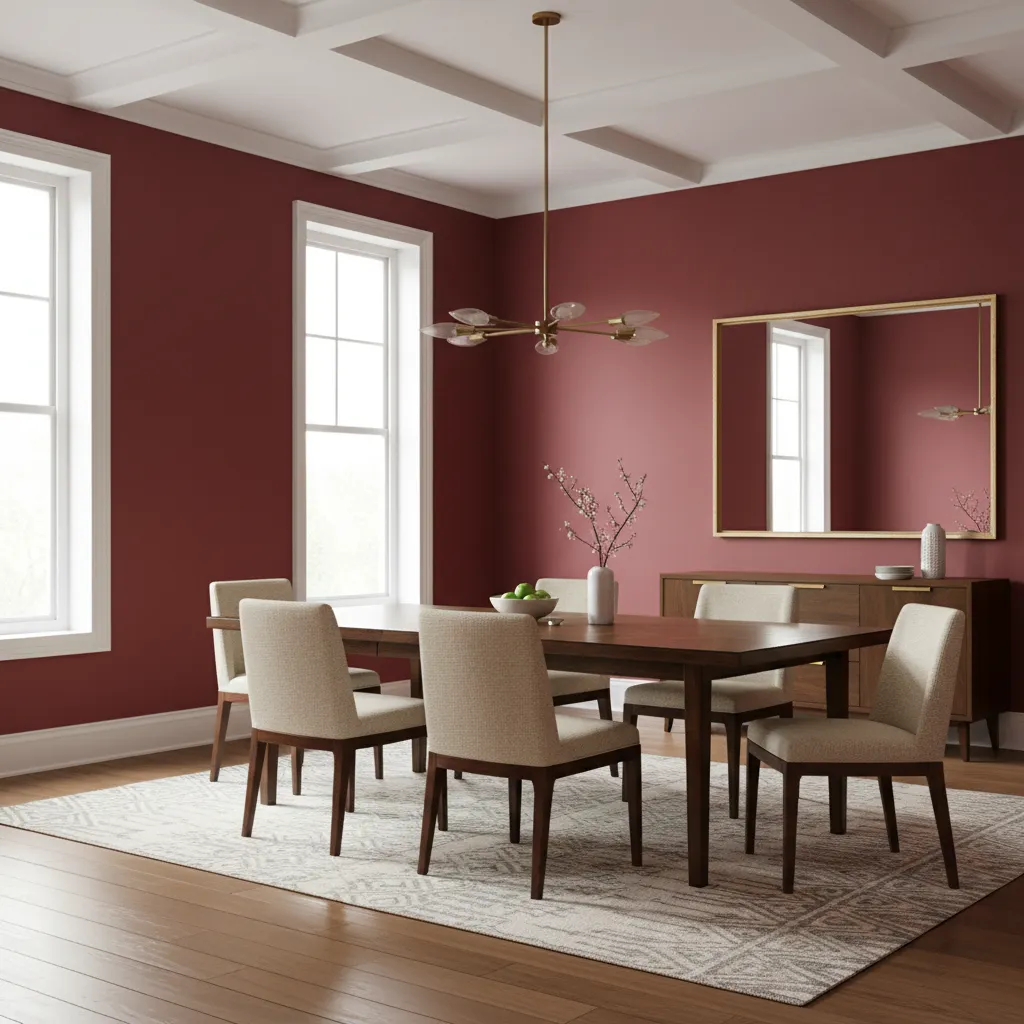 Dining room with warm red walls and natural daylight