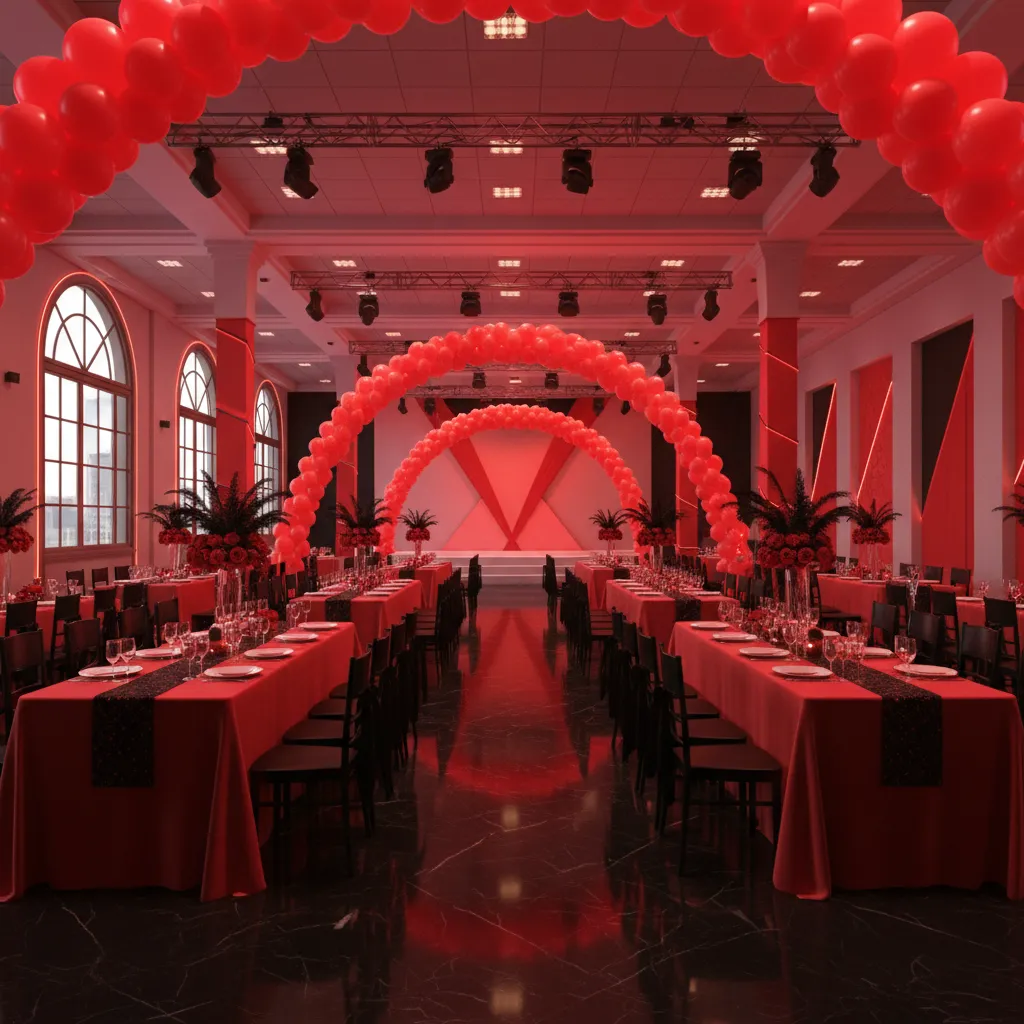 red dominant party decorations with black accent furniture