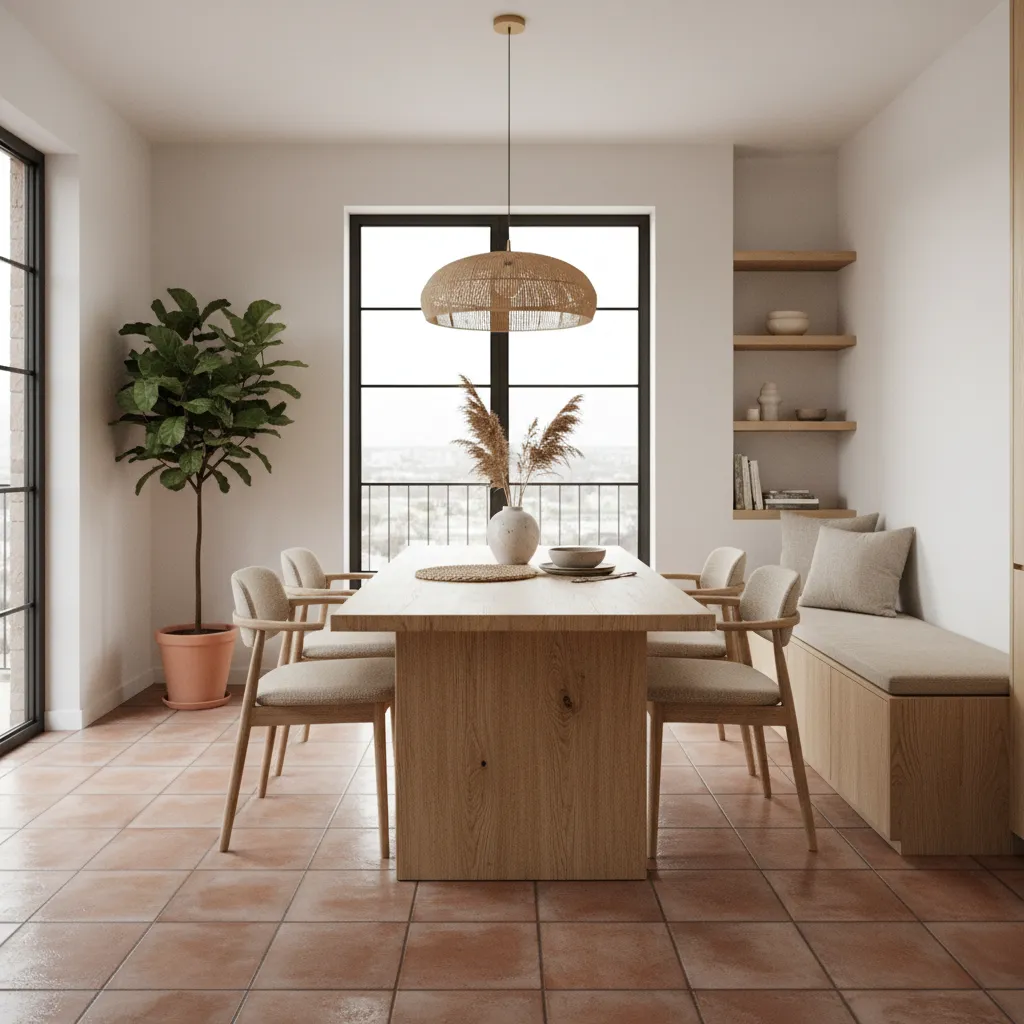 Bright dining room with wooden table chairs bench red tile floor plant and ceiling light