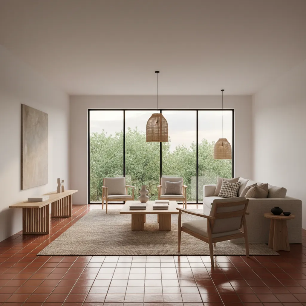 Modern living room with red tile floor beige sofa wooden coffee table and ceiling lights