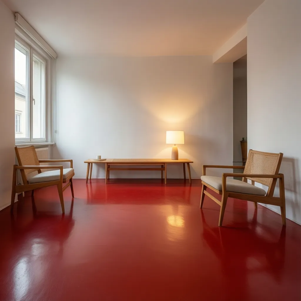 Bright red floor living room with two wooden chairs wooden bench and warm table lamp