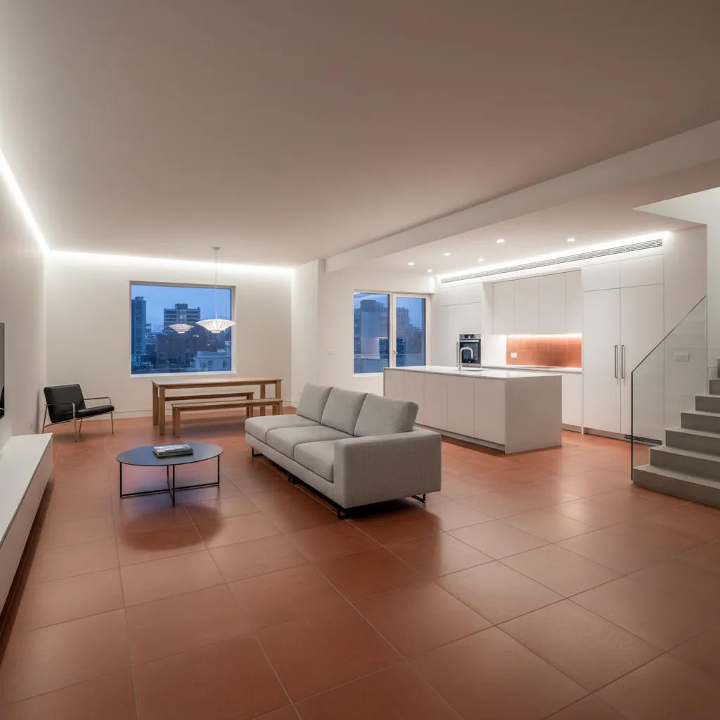 Modern open plan room with red tile floor grey sofa white kitchen island and table