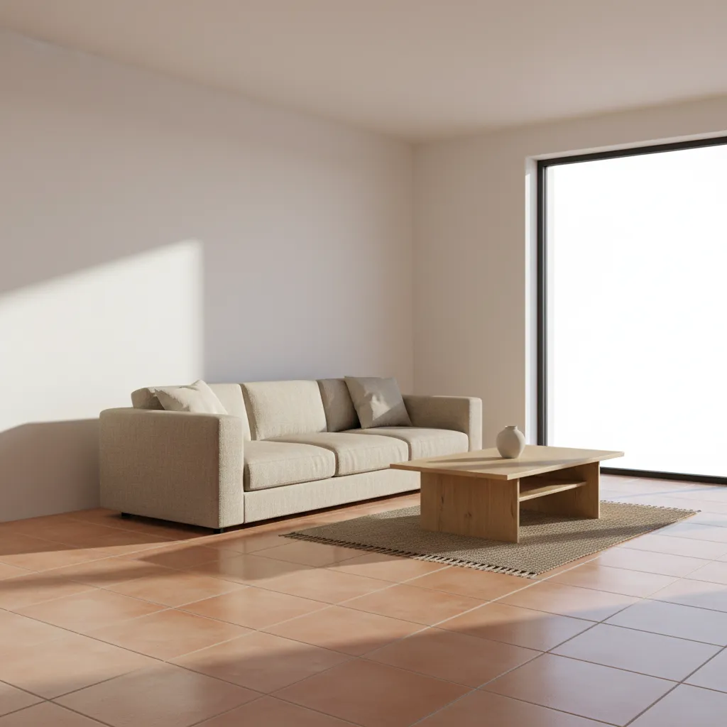 Minimalist living room with beige sofa wooden coffee table small rug large window and floor