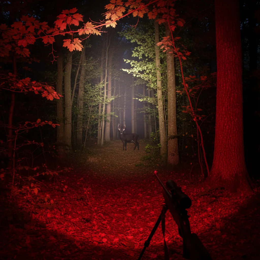 red hunting light illuminating deer at close range in forest