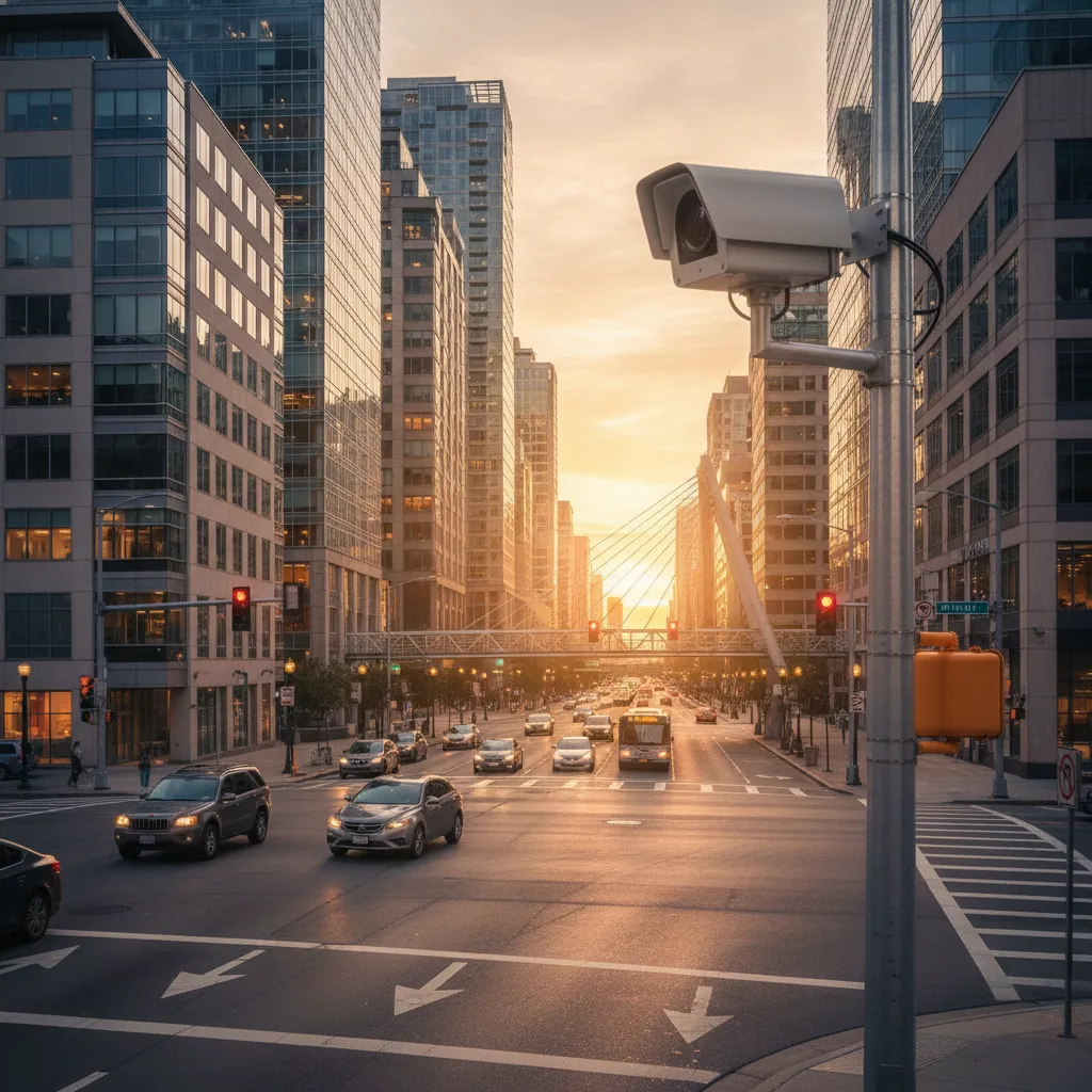 Traffic intersection with red light camera capturing vehicles