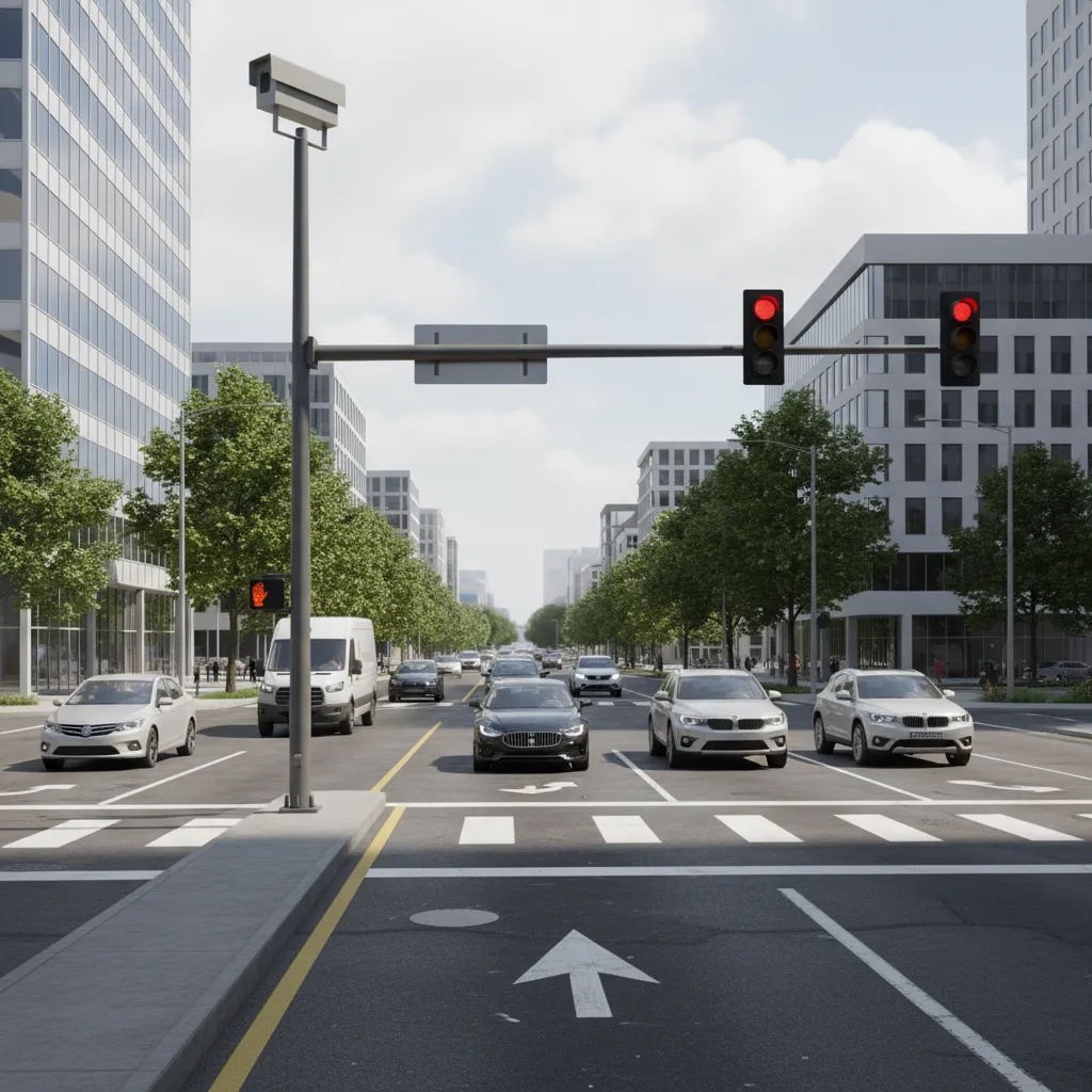 Traffic intersection with red light camera system monitoring vehicles
