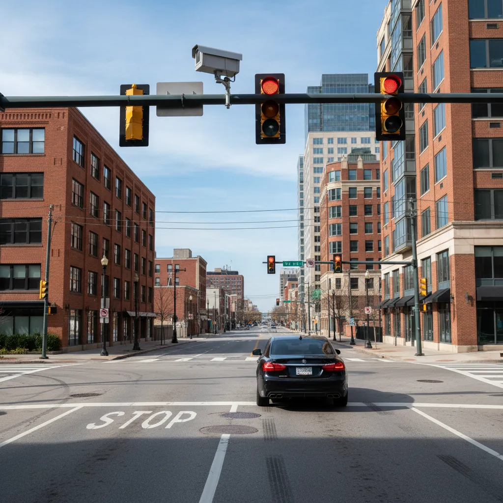 Traffic intersection equipped with red light camera and sensors capturing a vehicle crossing during red signal