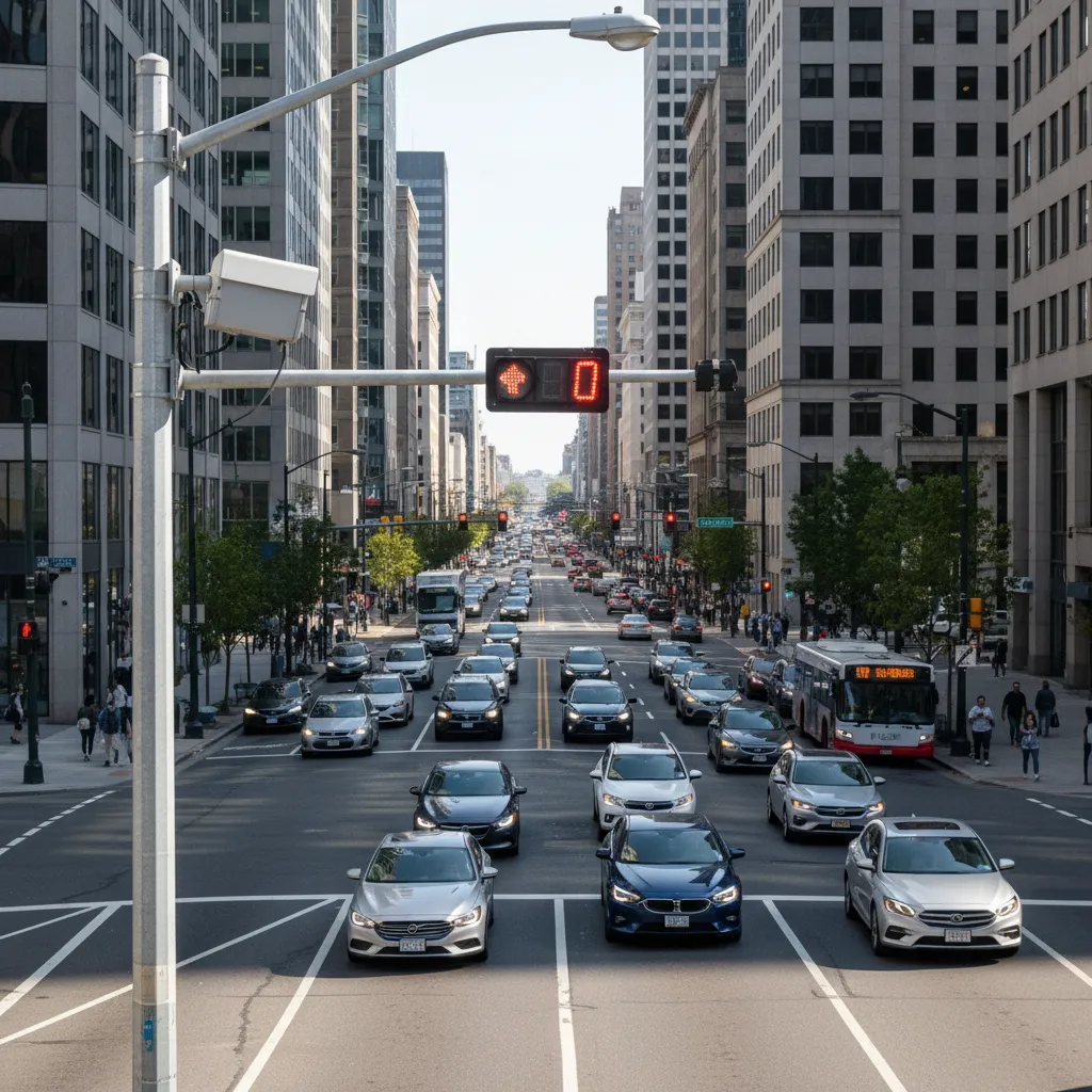 Urban intersection with visible red light traffic camera monitoring vehicles