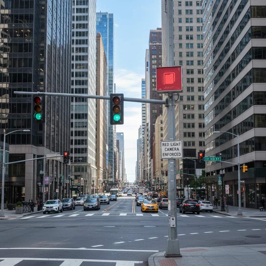 Urban intersection with automated red light camera monitoring traffic