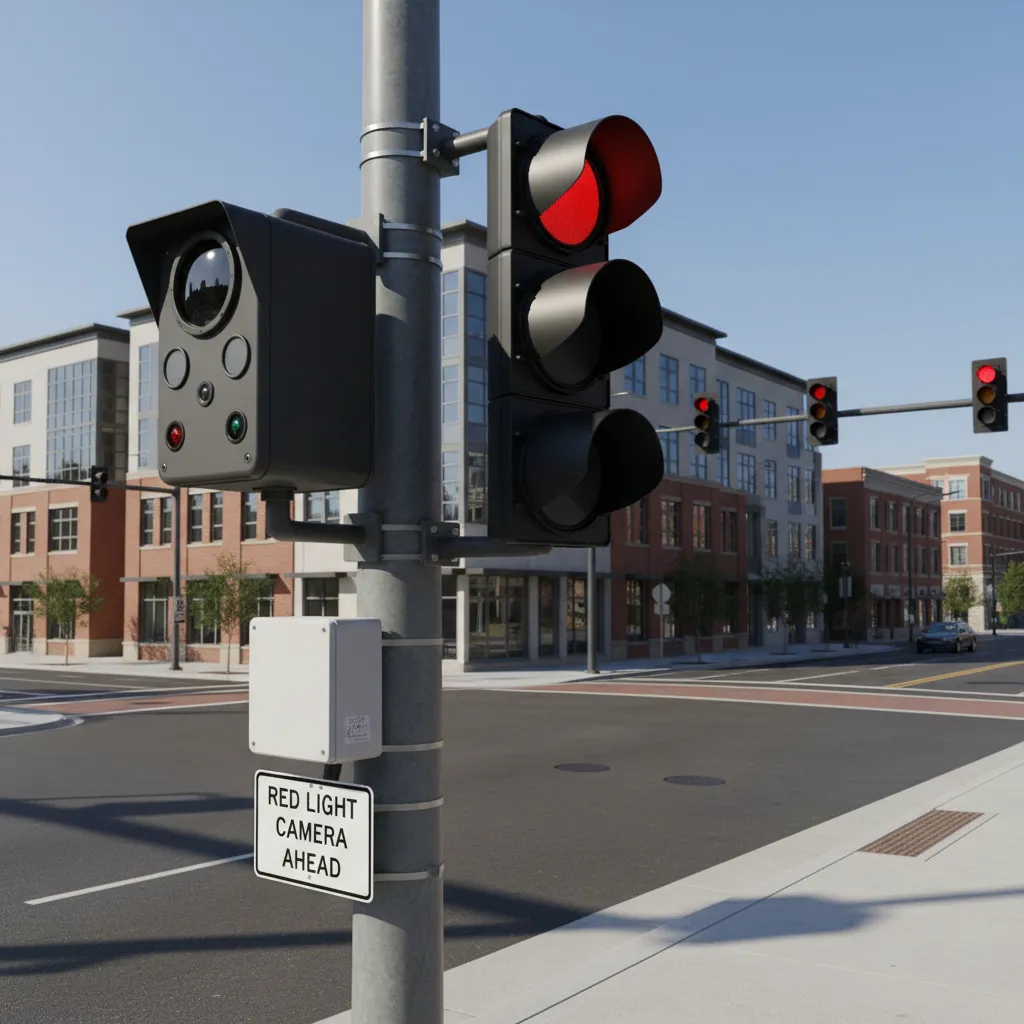 Close view of red light camera sensor and traffic signal equipment
